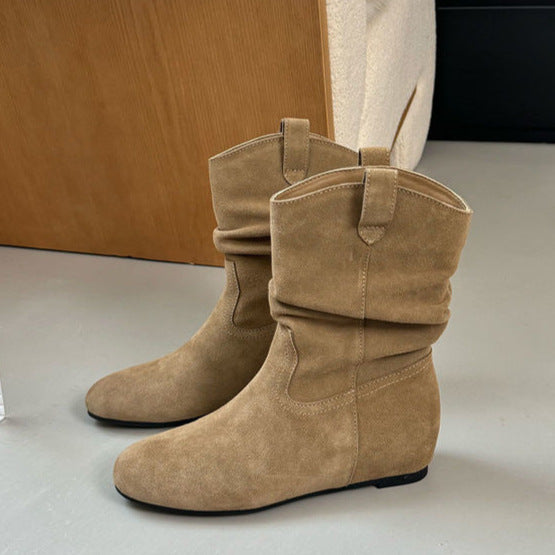 French Style Retro Frosted High Sleeve Western Cowboy Round Head Boot