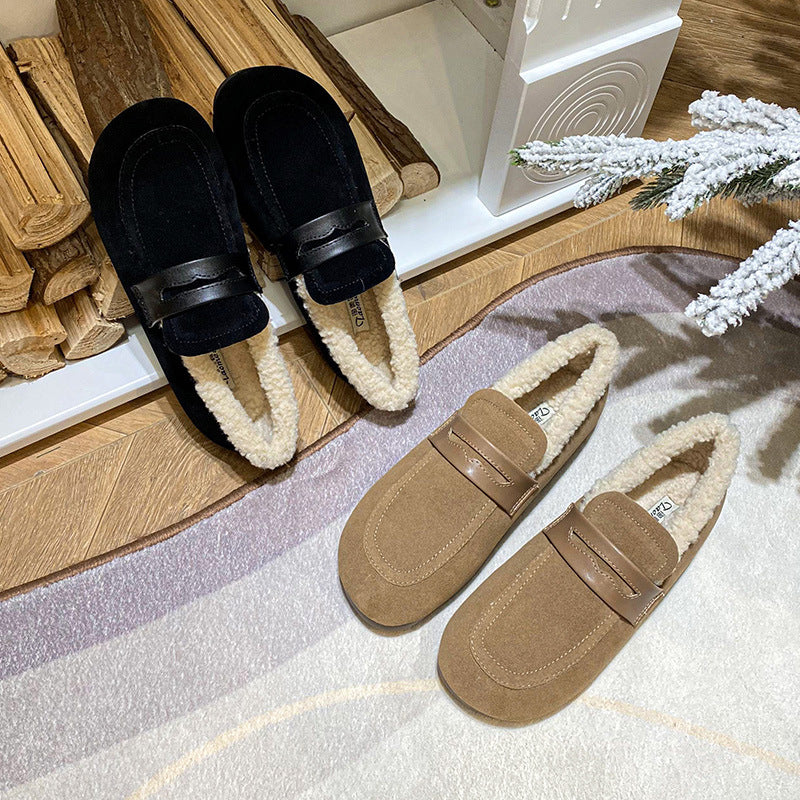 Retro Velvet Warm Cotton Round Head Slip On Slippers Shoes