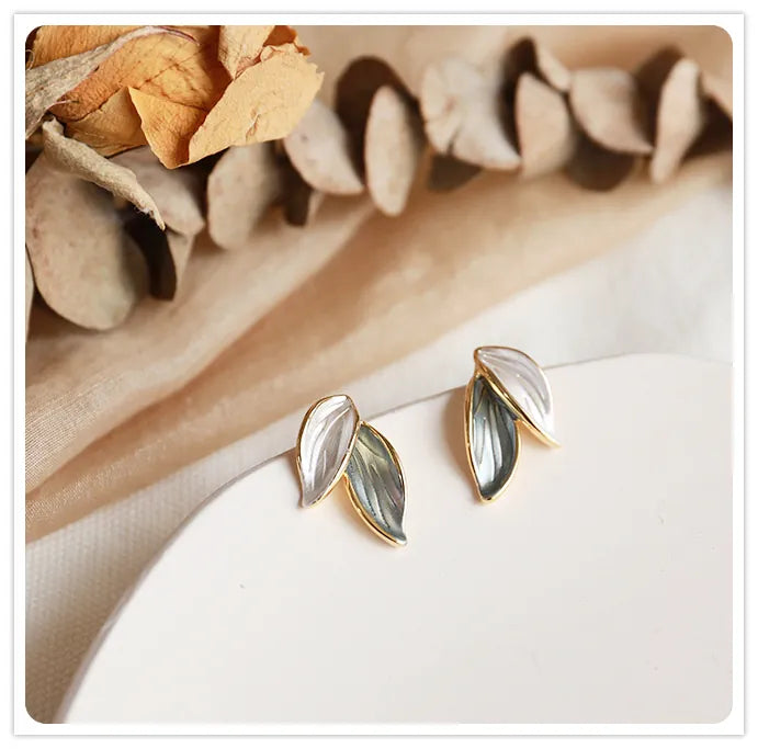 Elegant Exquisite Retro Two Tone  Gold Wind Leaf Sterling Stud Drop Earrings
