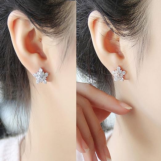 Elegant Dazzling Premium 925 Sterling Silver Snow Flake Floral Stud Earrings