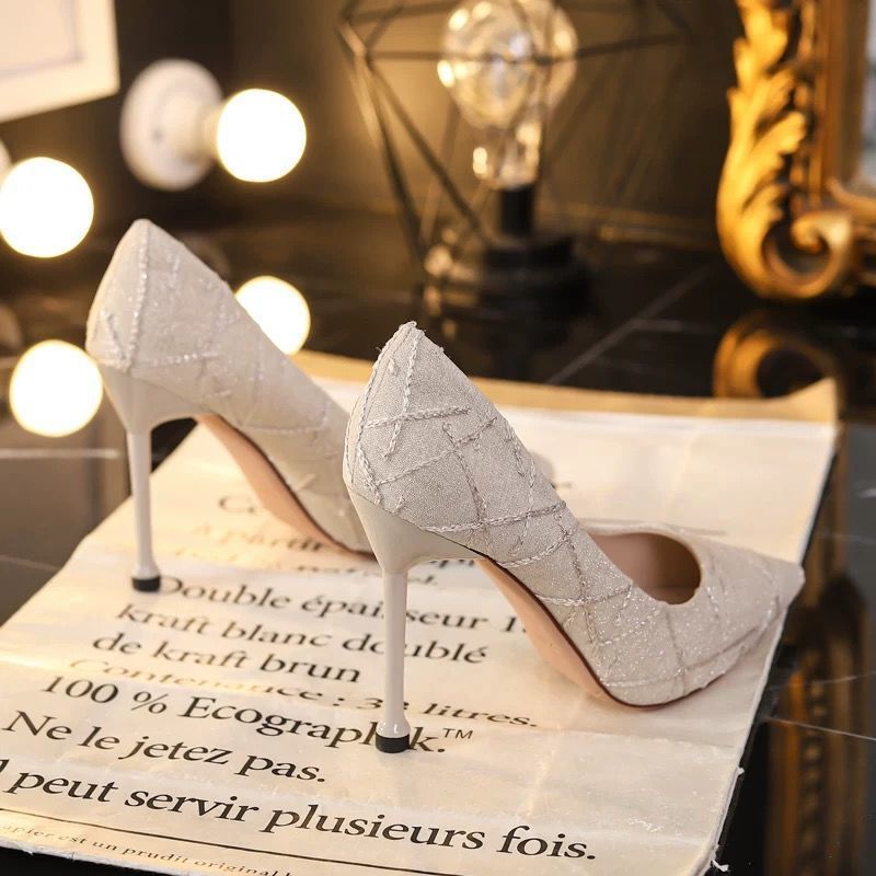 French Style Small Stiletto High Heel Round Head  Slip-on Shoes