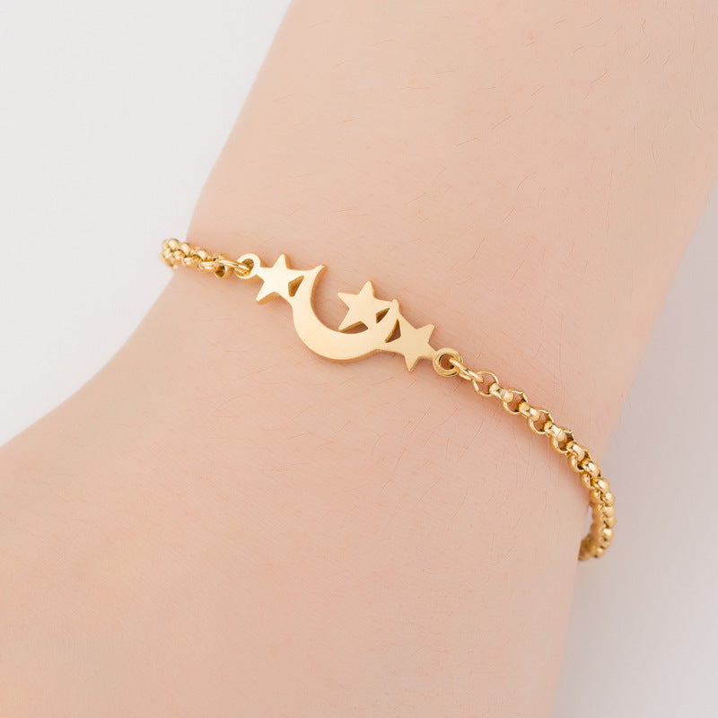 Gold Titanium S Steel / Rose Gold Moon Star Elephant Adjustable Charm Chain Cuff Bracelet