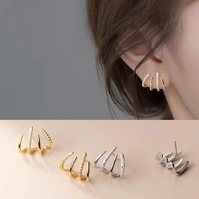 Elegant Korean Style Retro Double Hoop Rhinestone Claw 925 Sterling Stud Earrings