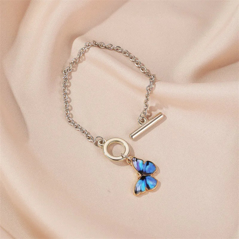Elegant Exquisite Gradient Enamel Blue Butterfly OT Link Buckle Chain Bracelet