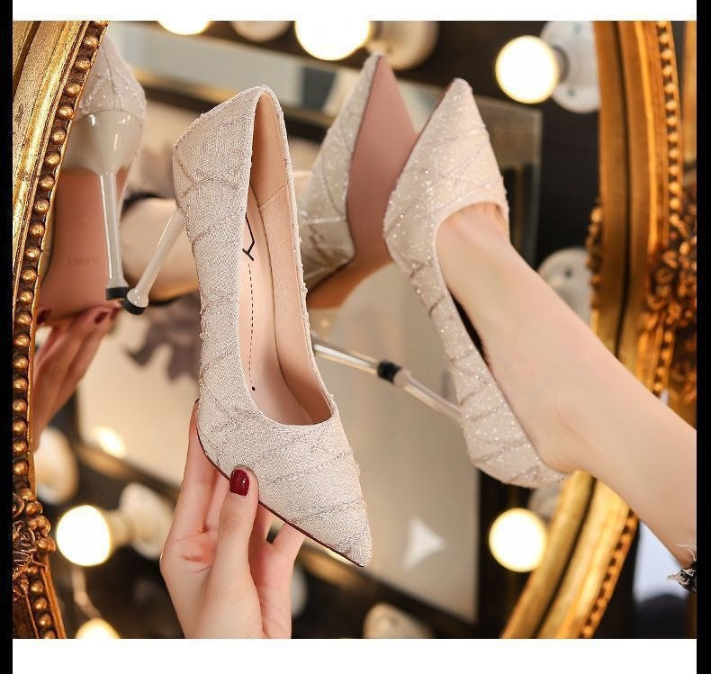 French Style Small Stiletto High Heel Round Head  Slip-on Shoes