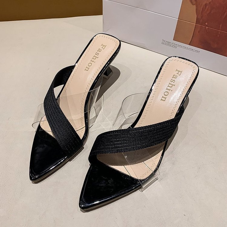 NYC US Style Pointed Stiletto Transparent Cross-strap Thin Heel Sandals Slippers