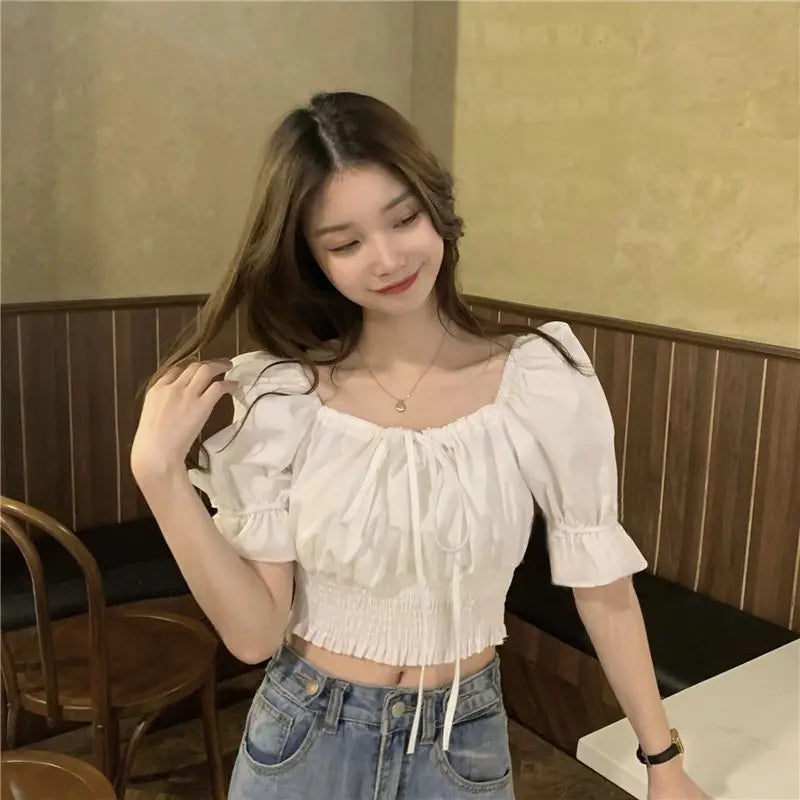 Korean Style Off Shoulder Lace Up Bow Crop Top Blouse