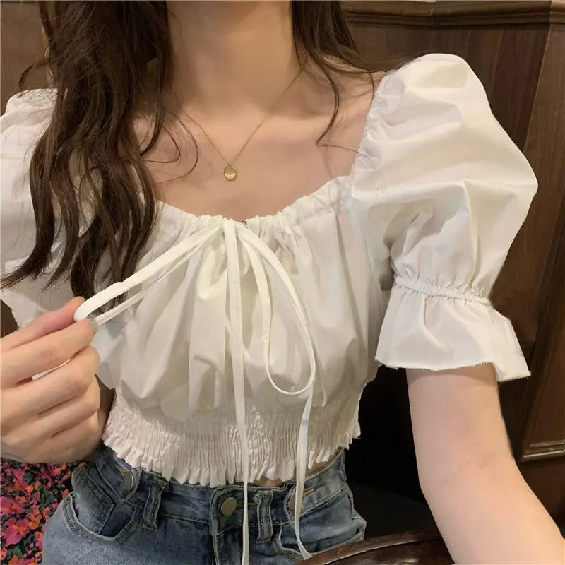 Korean Style Off Shoulder Lace Up Bow Crop Top Blouse