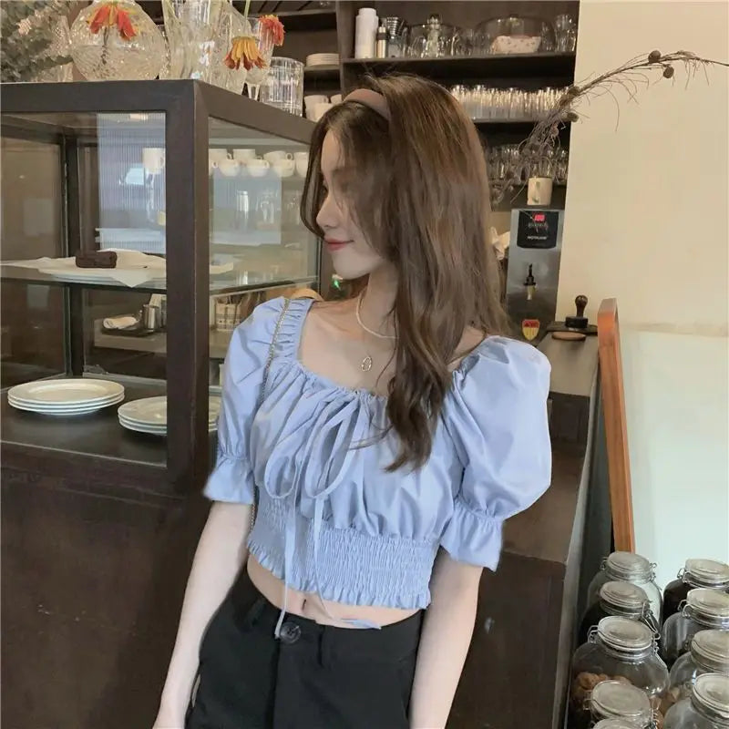 Korean Style Off Shoulder Lace Up Bow Crop Top Blouse