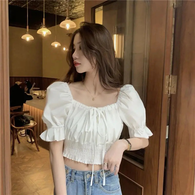 Korean Style Off Shoulder Lace Up Bow Crop Top Blouse