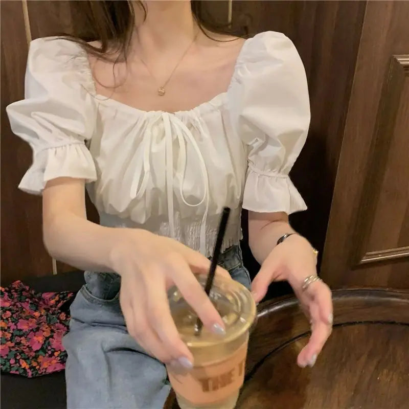 Korean Style Off Shoulder Lace Up Bow Crop Top Blouse