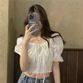 Korean Style Off Shoulder Lace Up Bow Crop Top Blouse