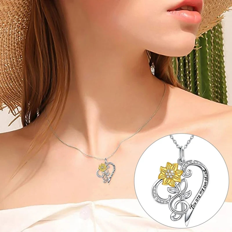 Sterling 14K Gold Plated You Are My Sunshine Sunflower Heart Charm Clavicle Chain Necklace
