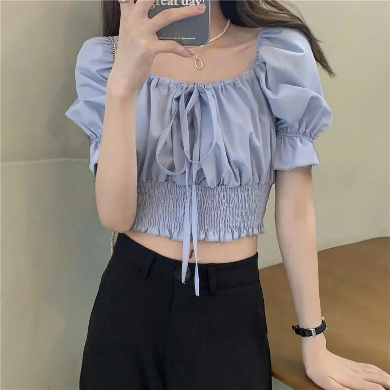 Korean Style Off Shoulder Lace Up Bow Crop Top Blouse
