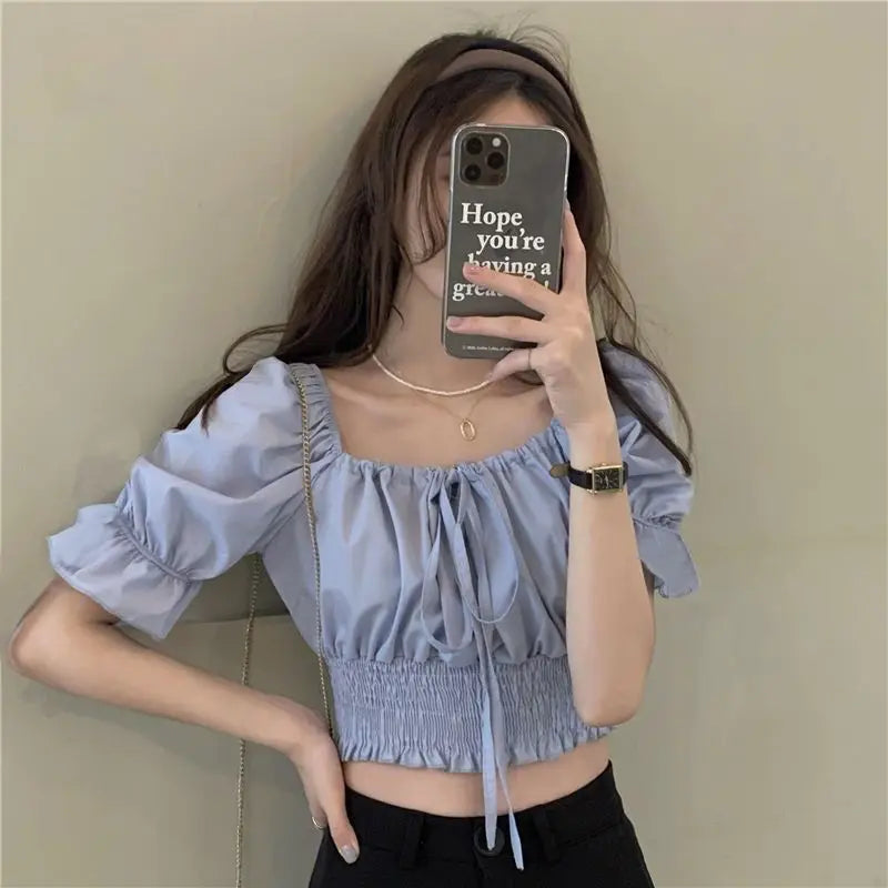 Korean Style Off Shoulder Lace Up Bow Crop Top Blouse