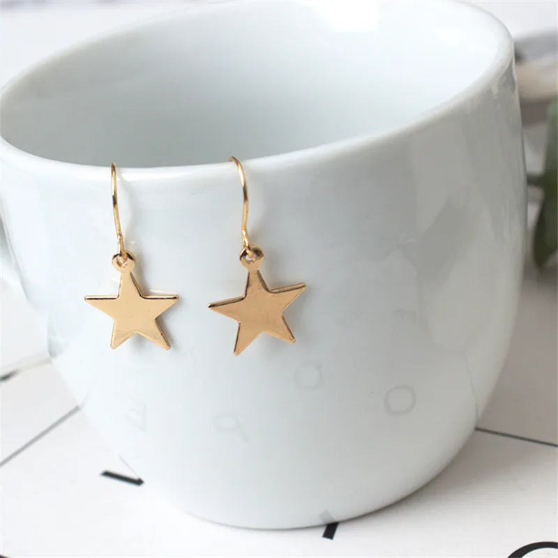 Exquisite Gold Silver Star Sterling Geometric Flake Pentagram Star Wire Hook Earrings