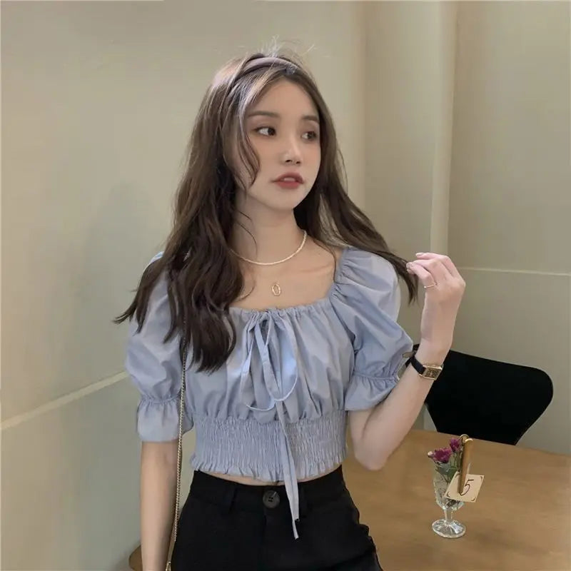Korean Style Off Shoulder Lace Up Bow Crop Top Blouse
