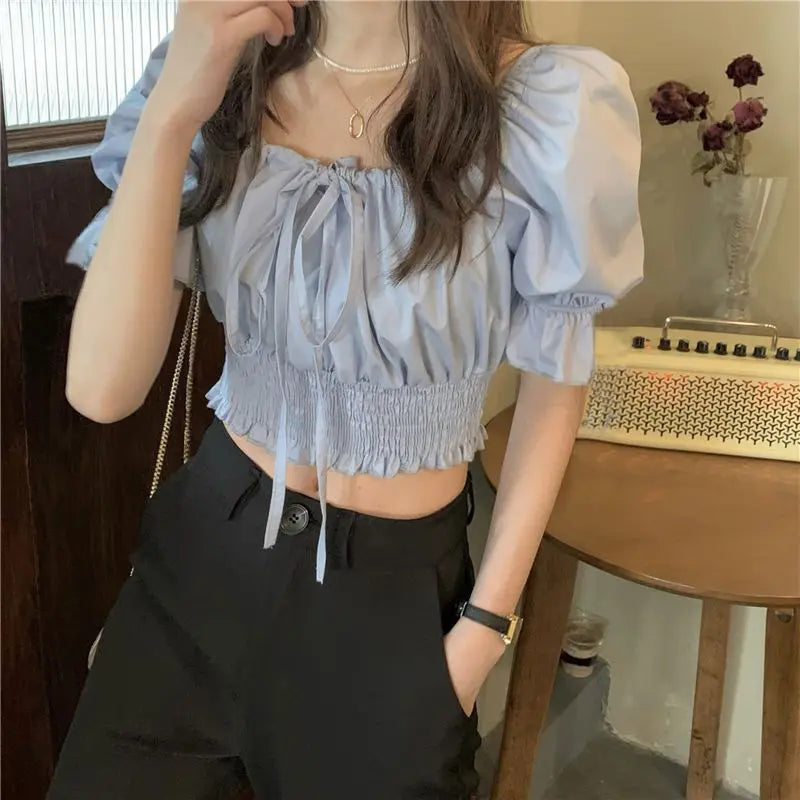 Korean Style Off Shoulder Lace Up Bow Crop Top Blouse