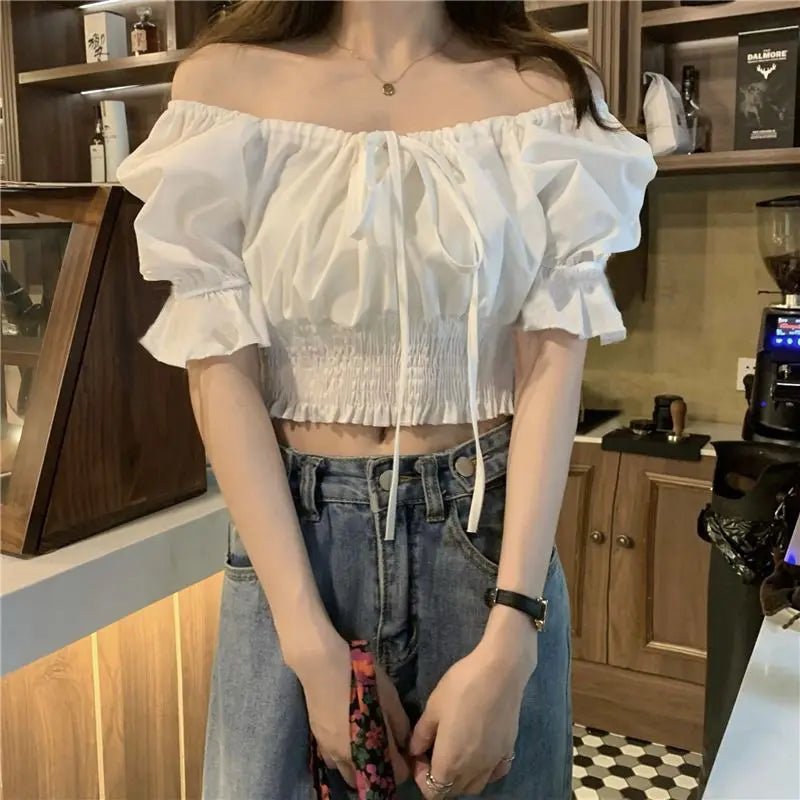 Korean Style Off Shoulder Lace Up Bow Crop Top Blouse