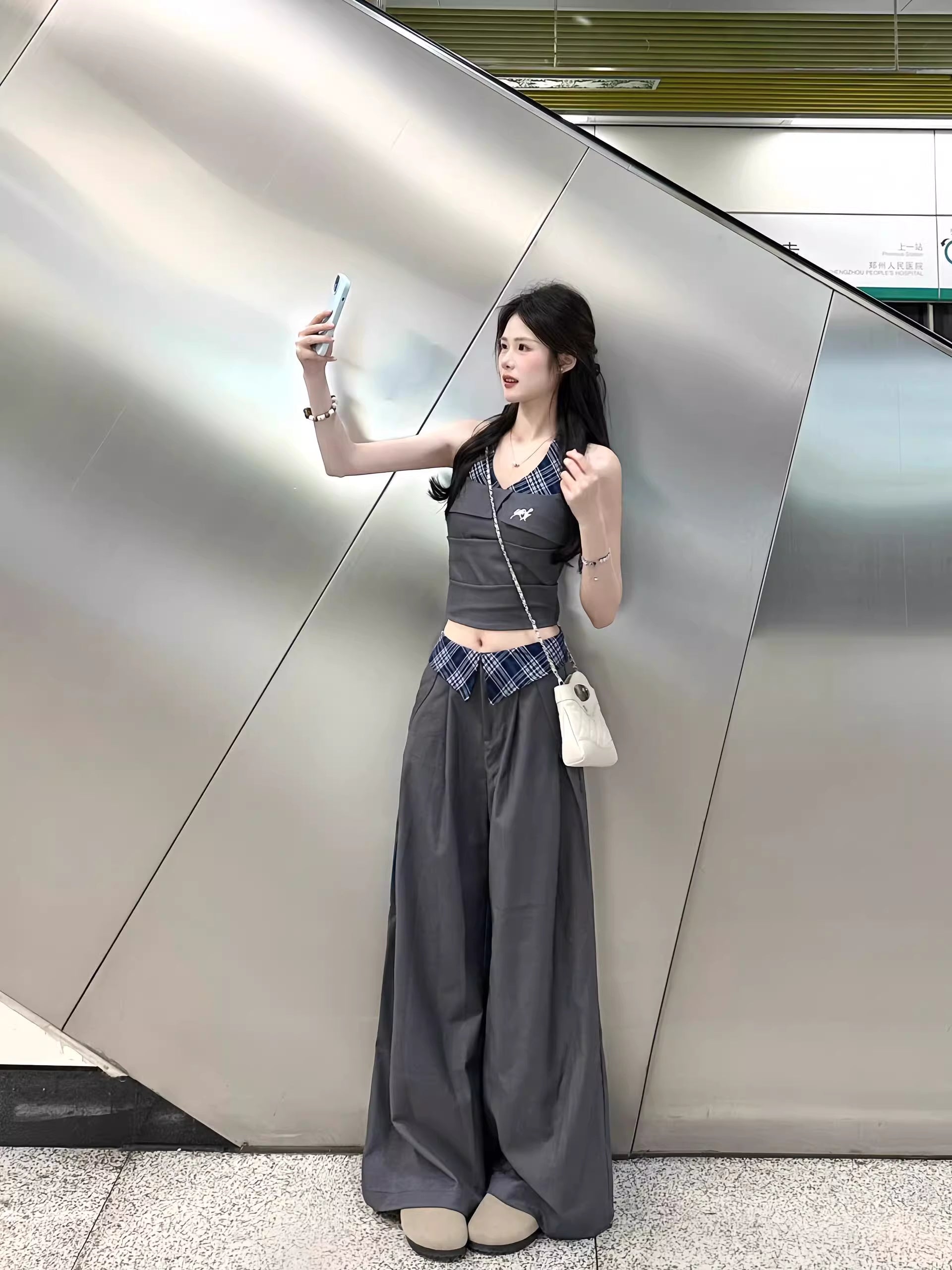 Preppy Style Trouser-suit Sleeveless Slash Neck Tops + Loose High-waist Baggy Pants