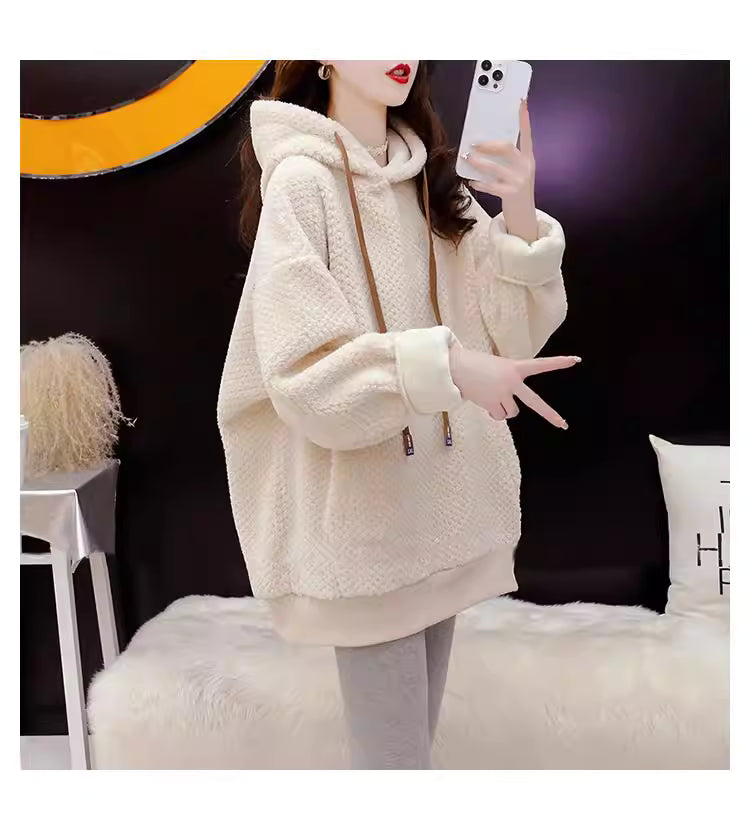 Korean Style Oversize Soft Thick Drawstring Knit Hoodie Top Sweater