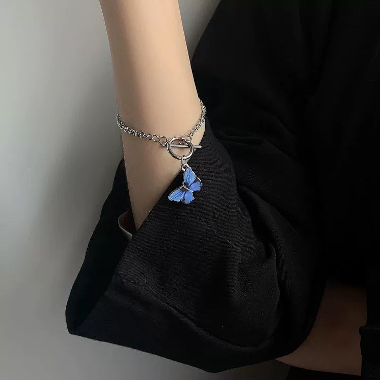 Elegant Exquisite Gradient Enamel Blue Butterfly OT Link Buckle Chain Bracelet