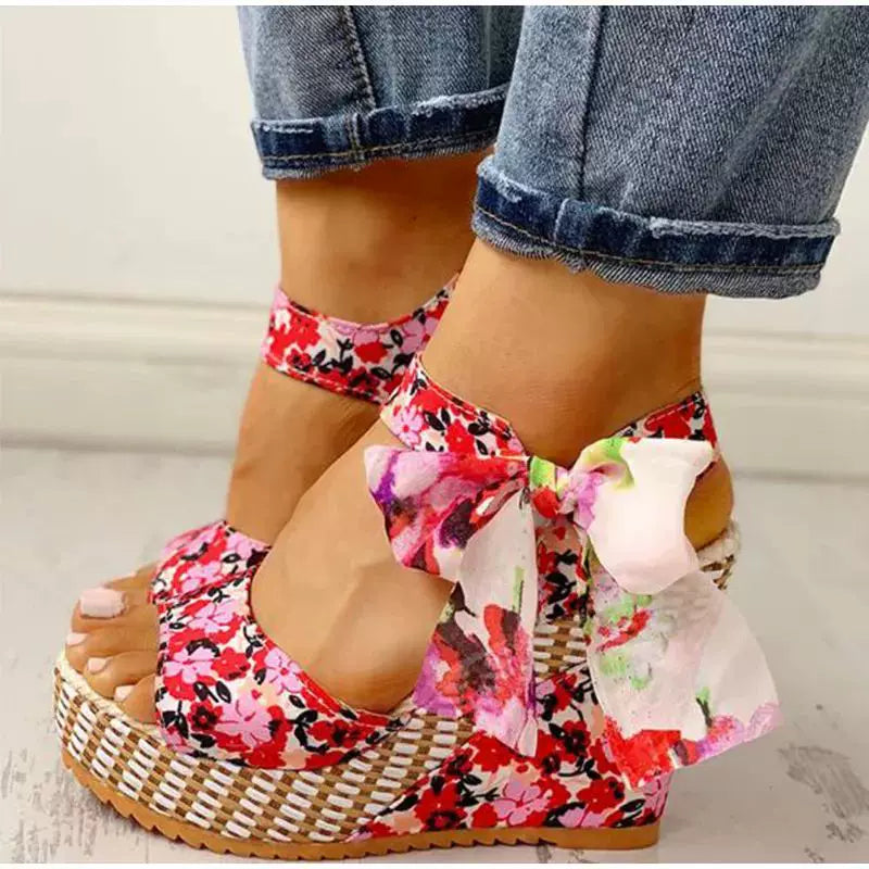 Floral Bohemian Wedge Platform High Heel Fish Mouth Sandals