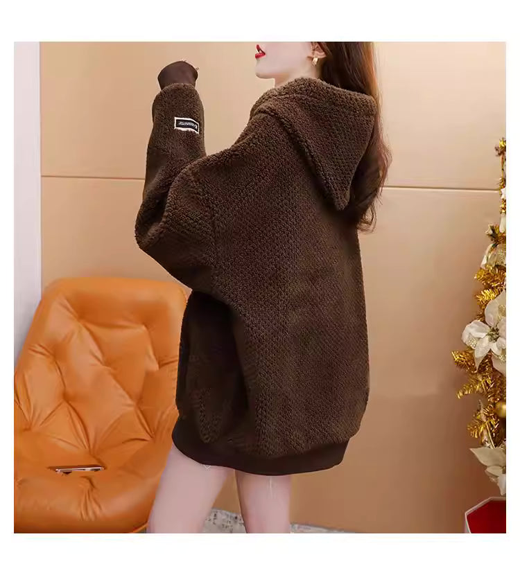 Korean Style Oversize Soft Thick Drawstring Knit Hoodie Top Sweater