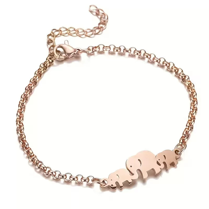 Gold Titanium S Steel / Rose Gold Moon Star Elephant Adjustable Charm Chain Cuff Bracelet