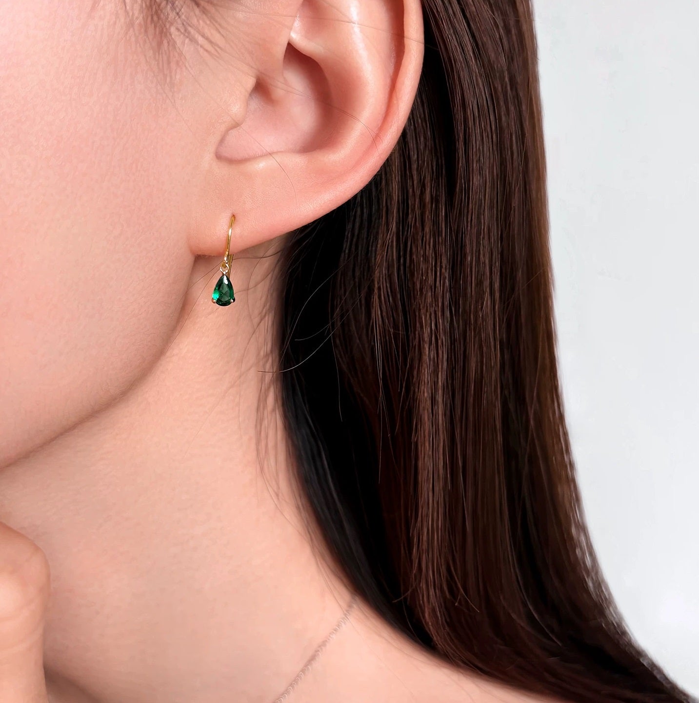 Handmade Emerald Water Drop Zircon 925 Silver 14K Gold Earrings