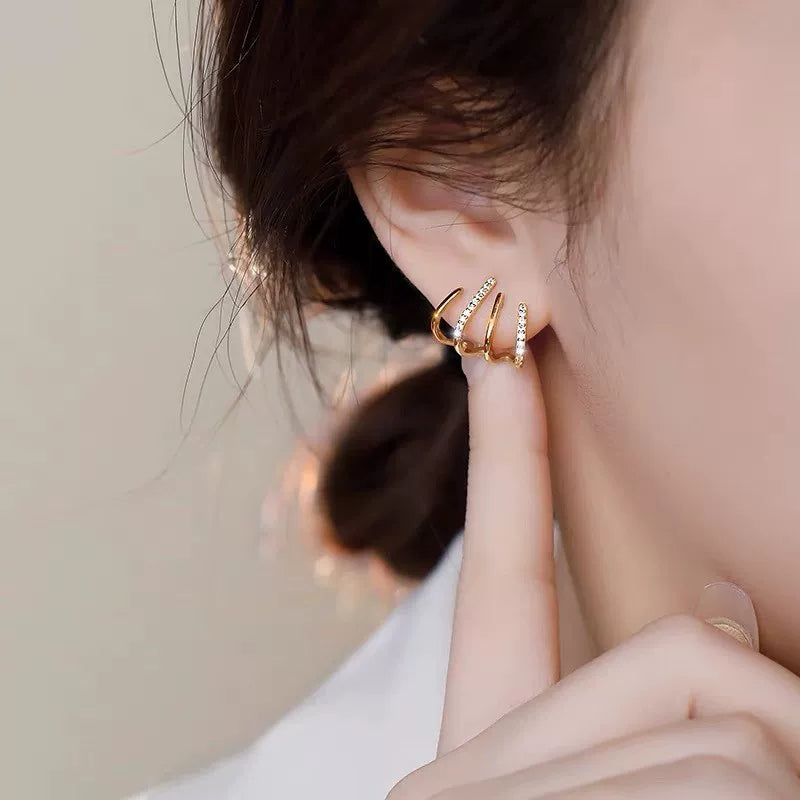 Elegant Korean Style Retro Double Hoop Rhinestone Claw 925 Sterling Stud Earrings