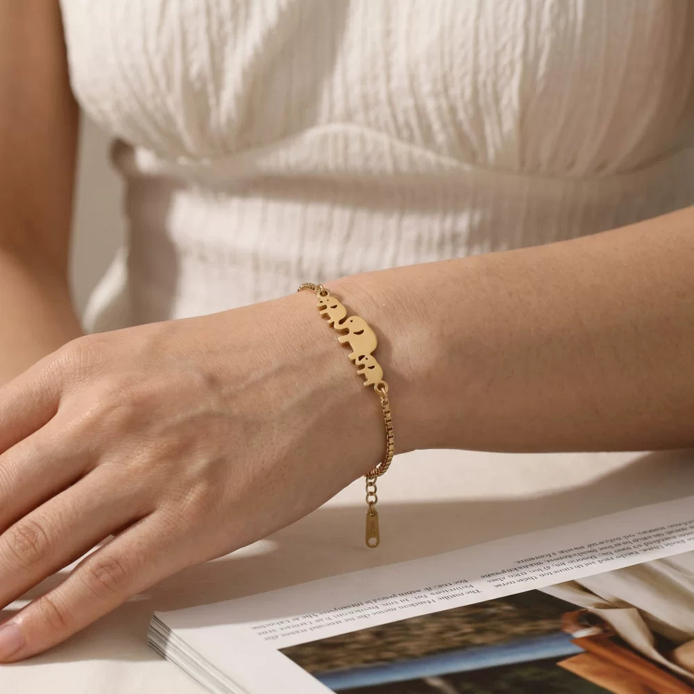 Gold Titanium S Steel / Rose Gold Moon Star Elephant Adjustable Charm Chain Cuff Bracelet
