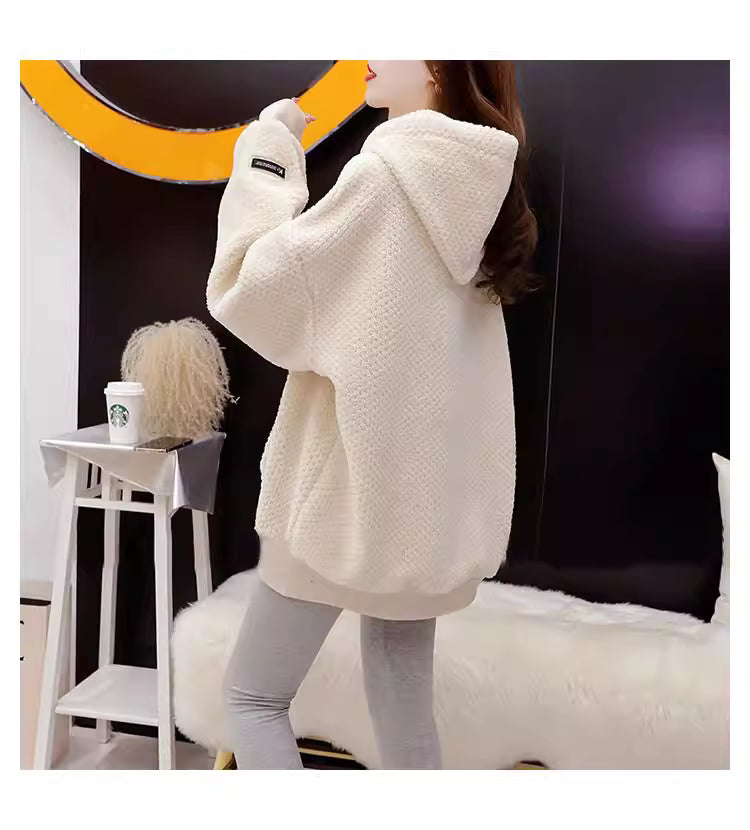 Korean Style Oversize Soft Thick Drawstring Knit Hoodie Top Sweater