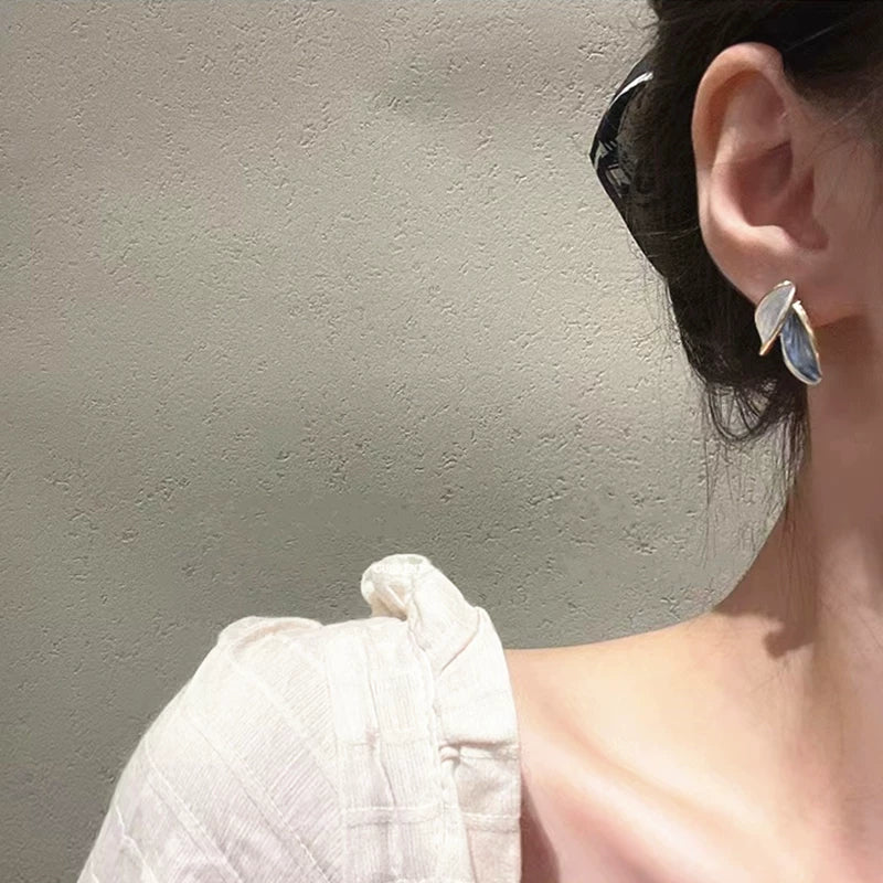 Elegant Exquisite Retro Two Tone  Gold Wind Leaf Sterling Stud Drop Earrings