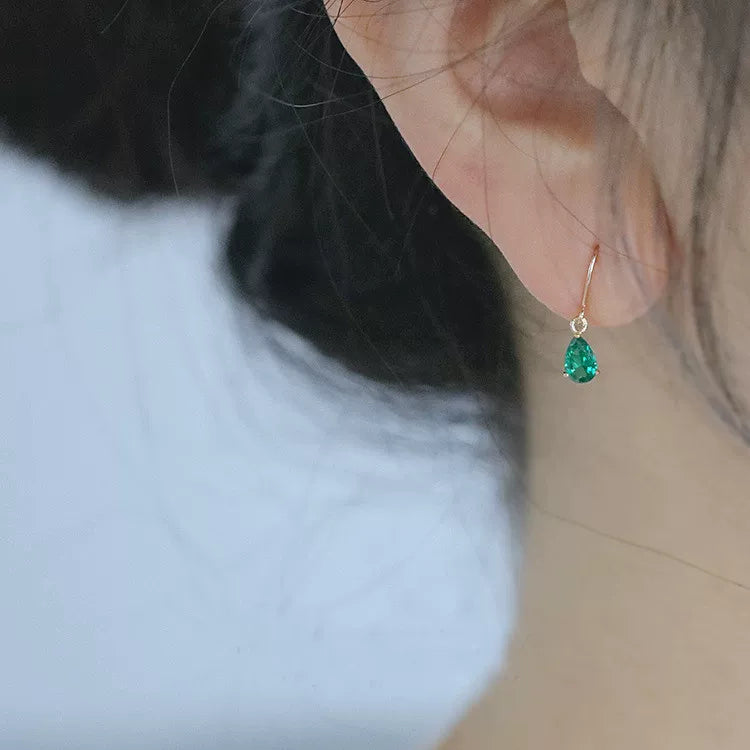 Handmade Emerald Water Drop Zircon 925 Silver 14K Gold Earrings