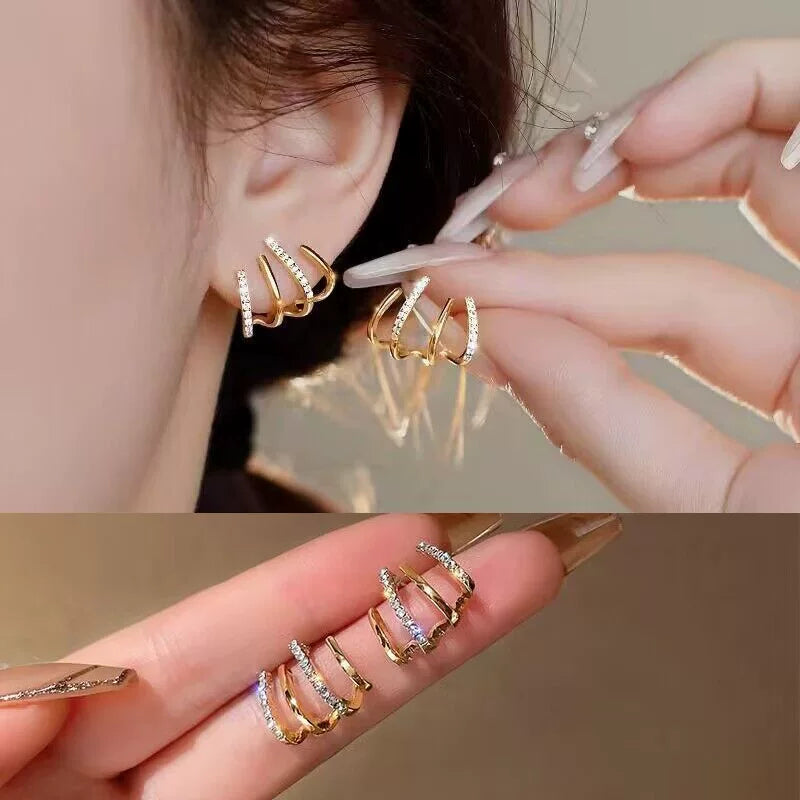 Elegant Korean Style Retro Double Hoop Rhinestone Claw 925 Sterling Stud Earrings