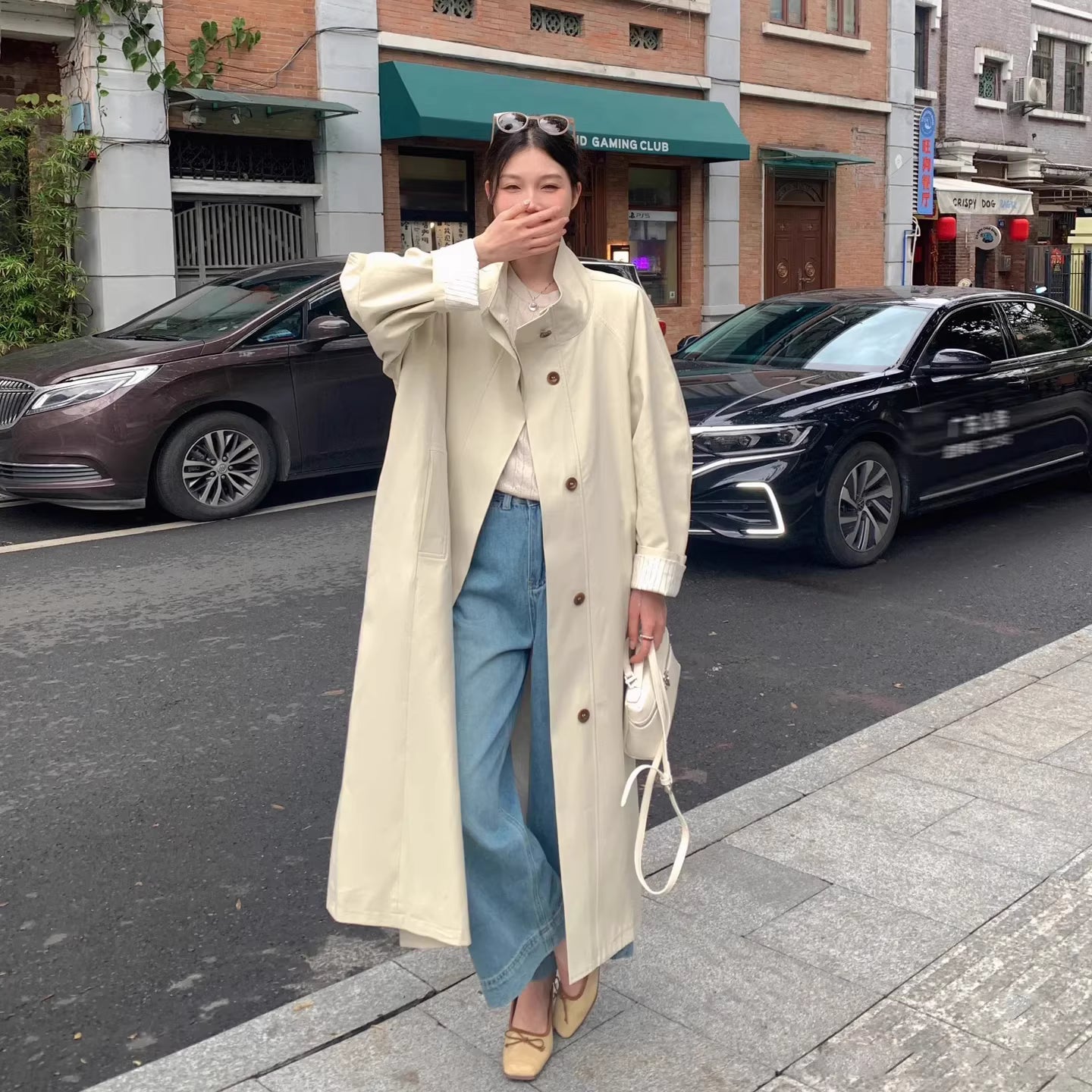 Elegant Style Stand Collar Oversized Striped Sleeve Trench Coat