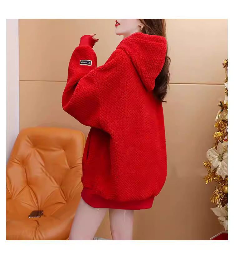 Korean Style Oversize Soft Thick Drawstring Knit Hoodie Top Sweater