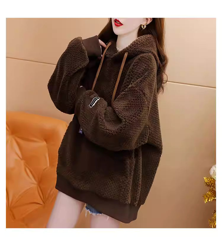 Korean Style Oversize Soft Thick Drawstring Knit Hoodie Top Sweater