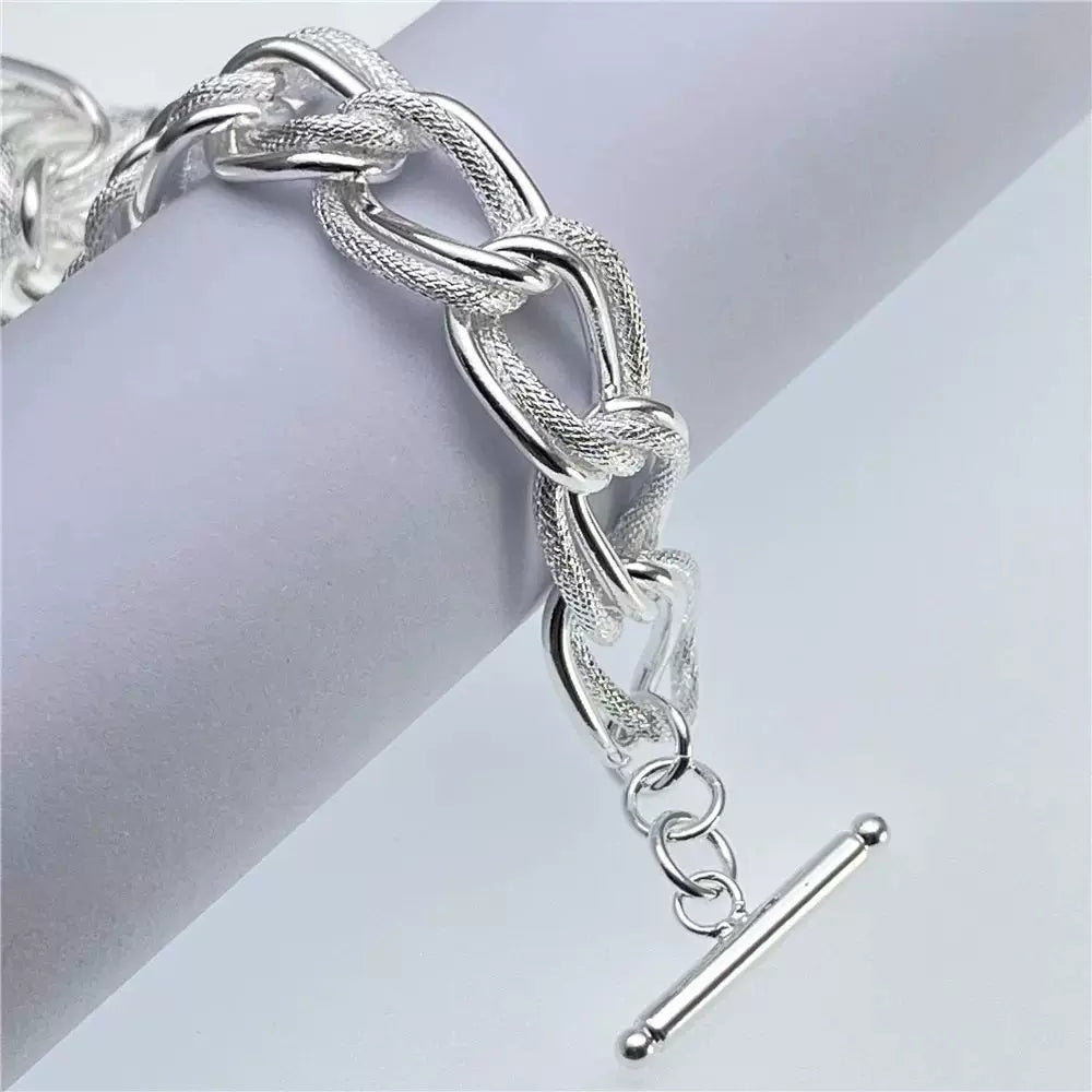 925 Sterling Silver Smooth Matte Double Twist Chain Charm Bracelet