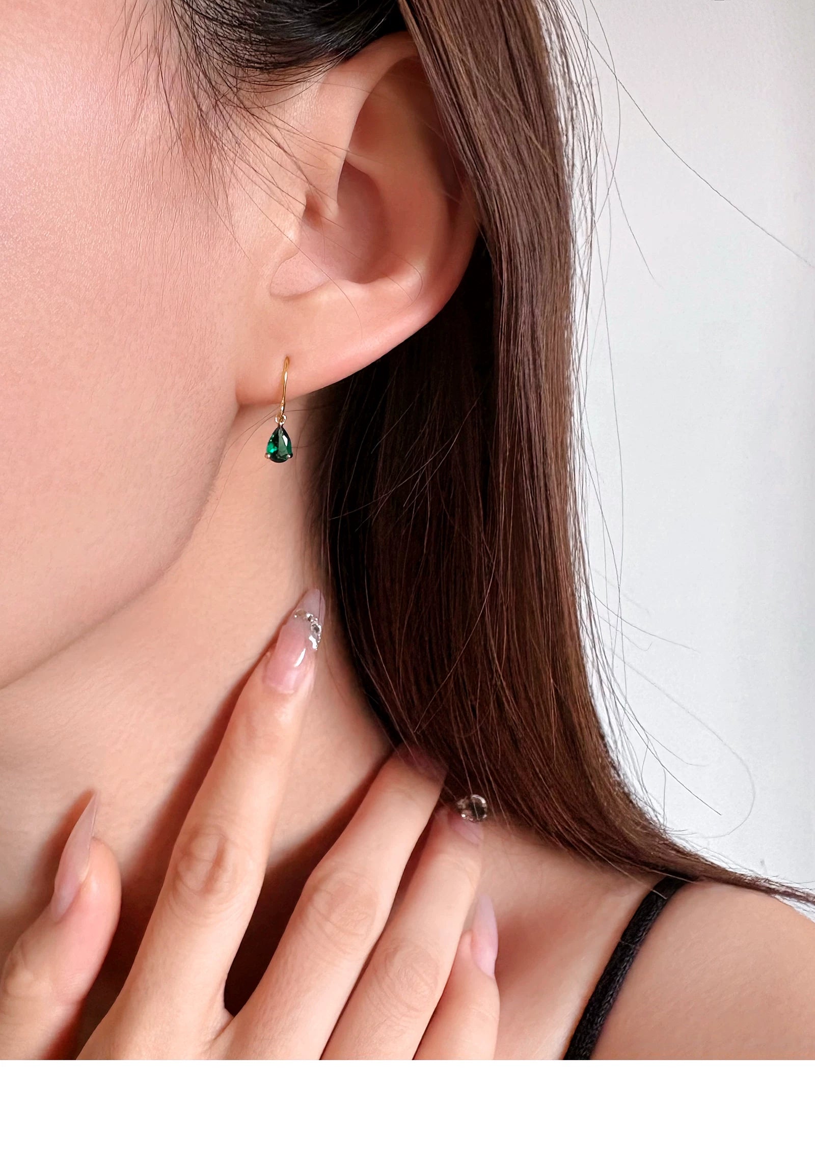 Handmade Emerald Water Drop Zircon 925 Silver 14K Gold Earrings
