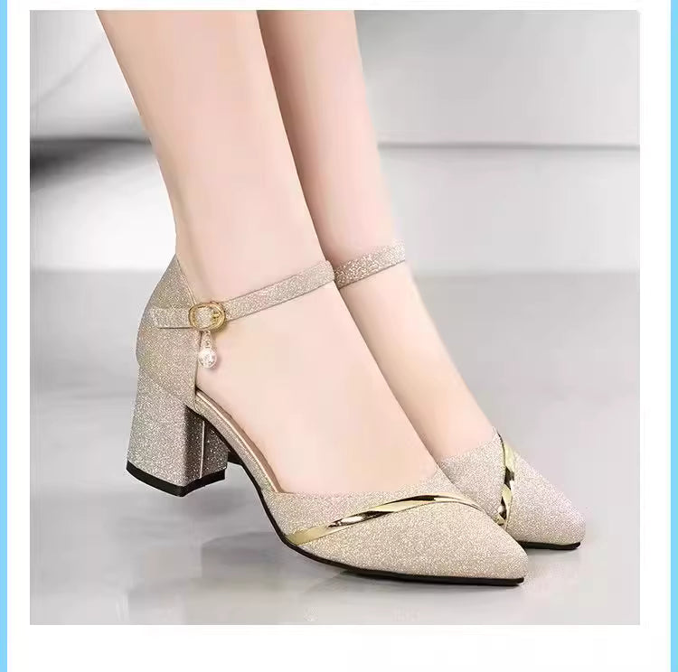 Korean Style Elegant Thick High Heel Pointed Shoes Sandals