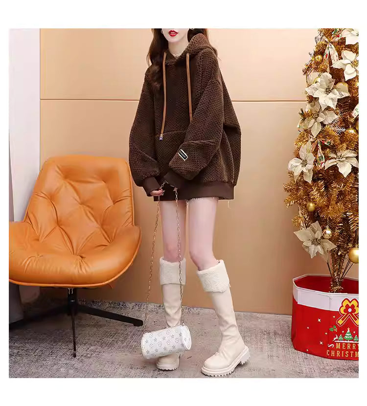Korean Style Oversize Soft Thick Drawstring Knit Hoodie Top Sweater