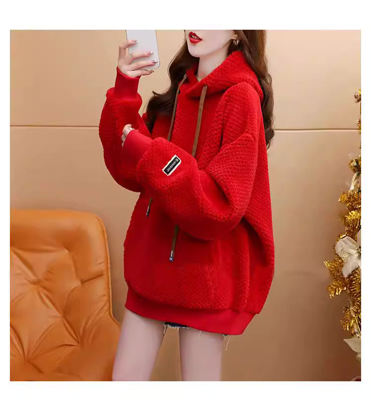 Korean Style Oversize Soft Thick Drawstring Knit Hoodie Top Sweater