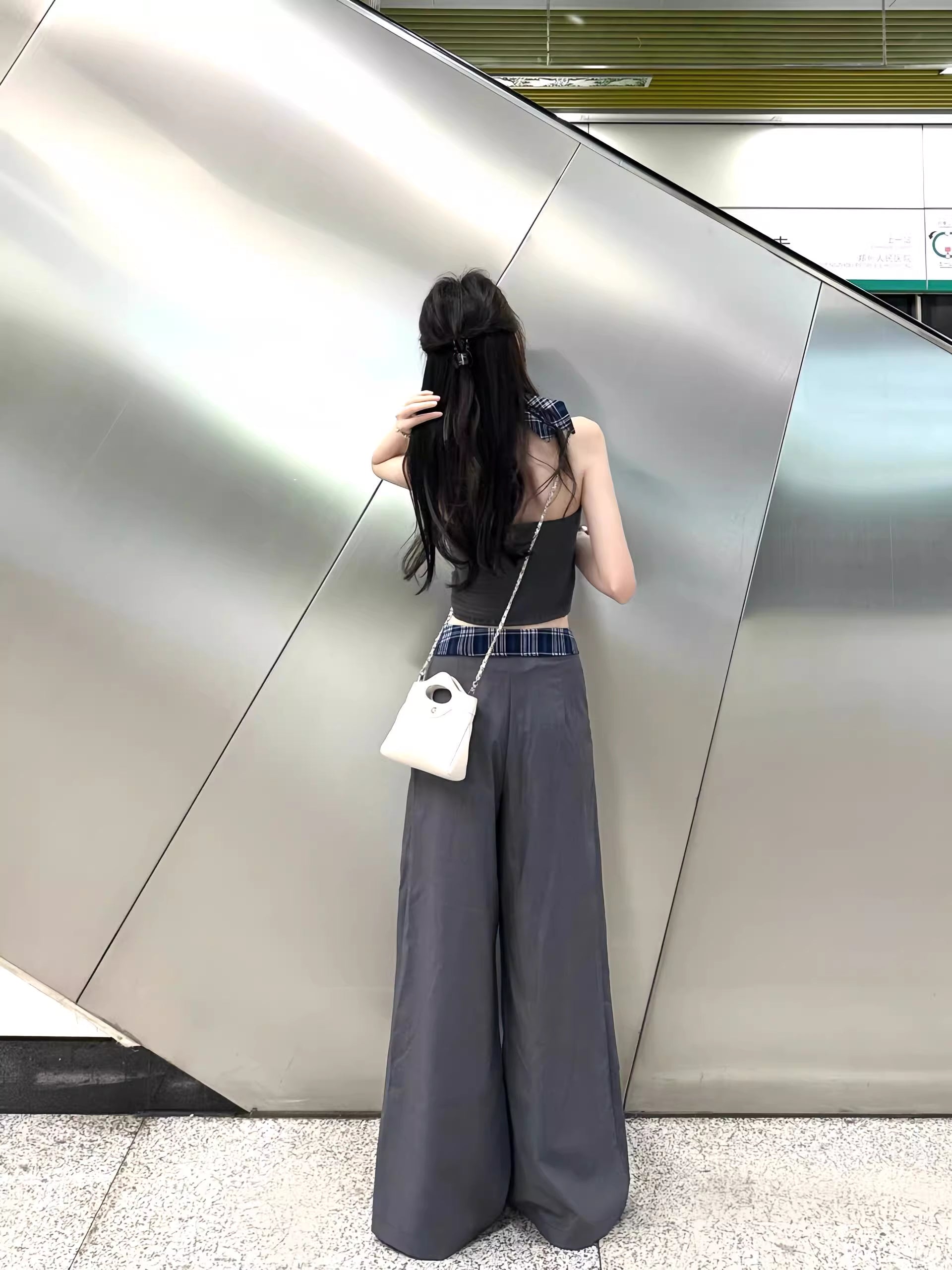 Preppy Style Trouser-suit Sleeveless Slash Neck Tops + Loose High-waist Baggy Pants