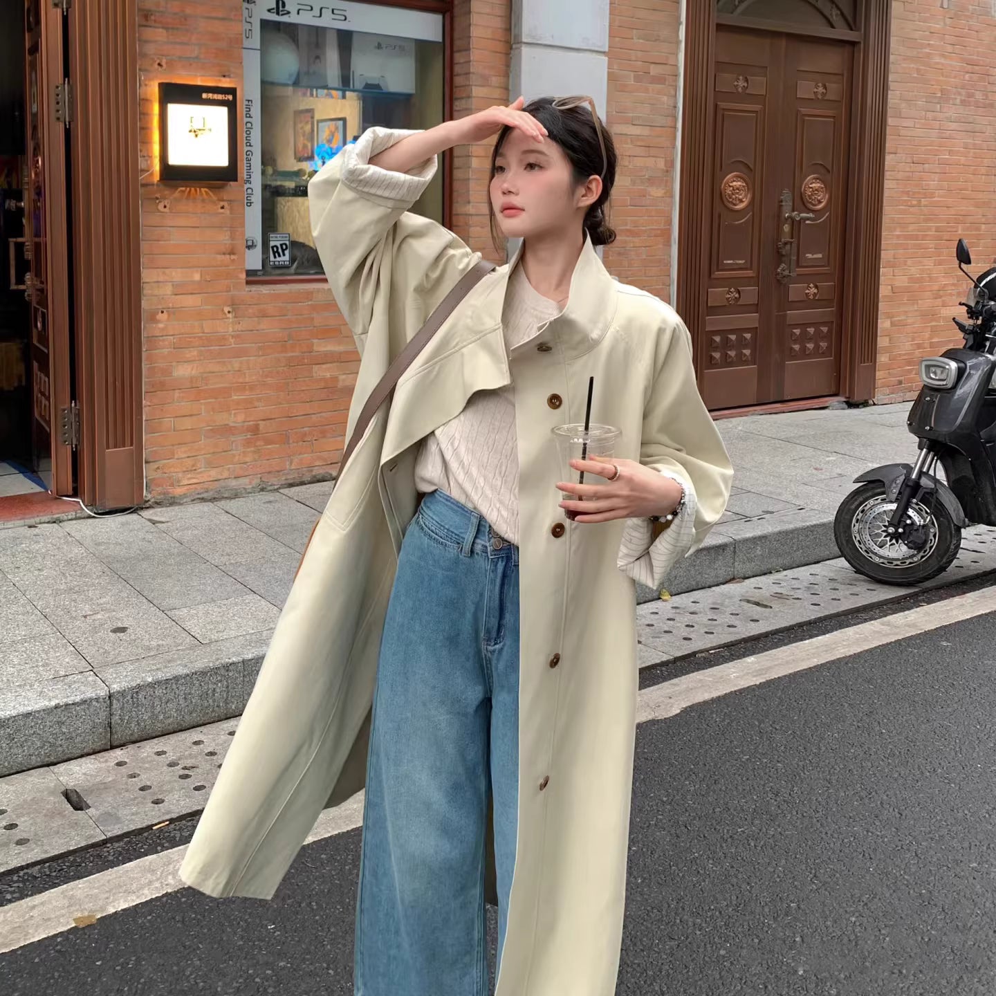 Elegant Style Stand Collar Oversized Striped Sleeve Trench Coat