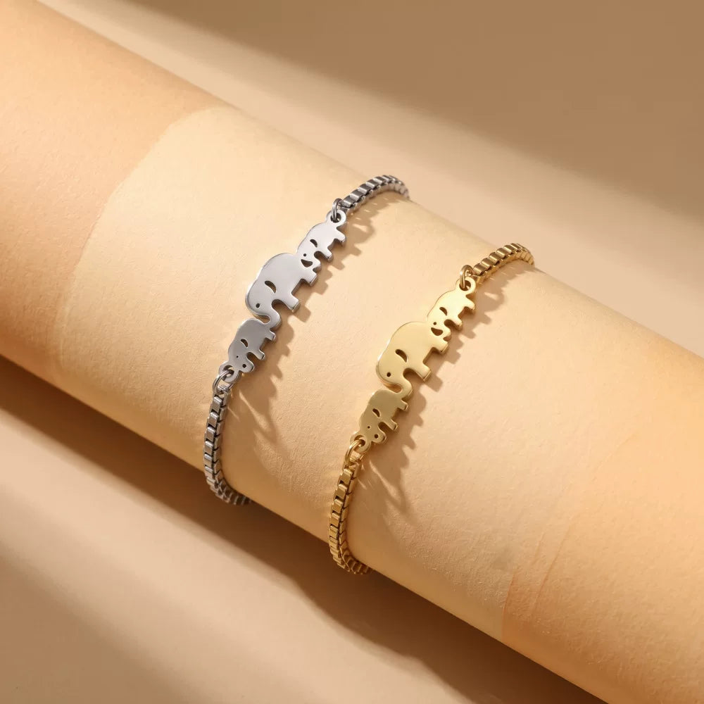 Gold Titanium S Steel / Rose Gold Moon Star Elephant Adjustable Charm Chain Cuff Bracelet