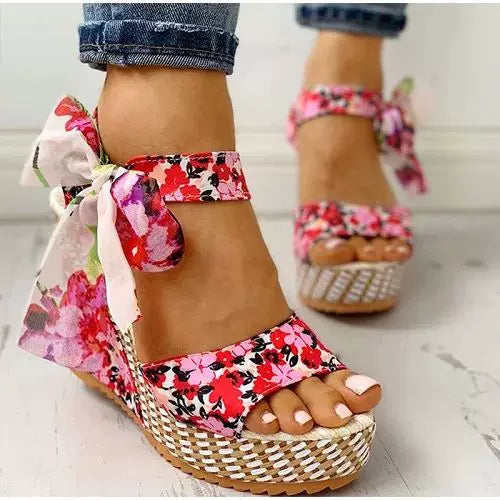 Floral Bohemian Wedge Platform High Heel Fish Mouth Sandals