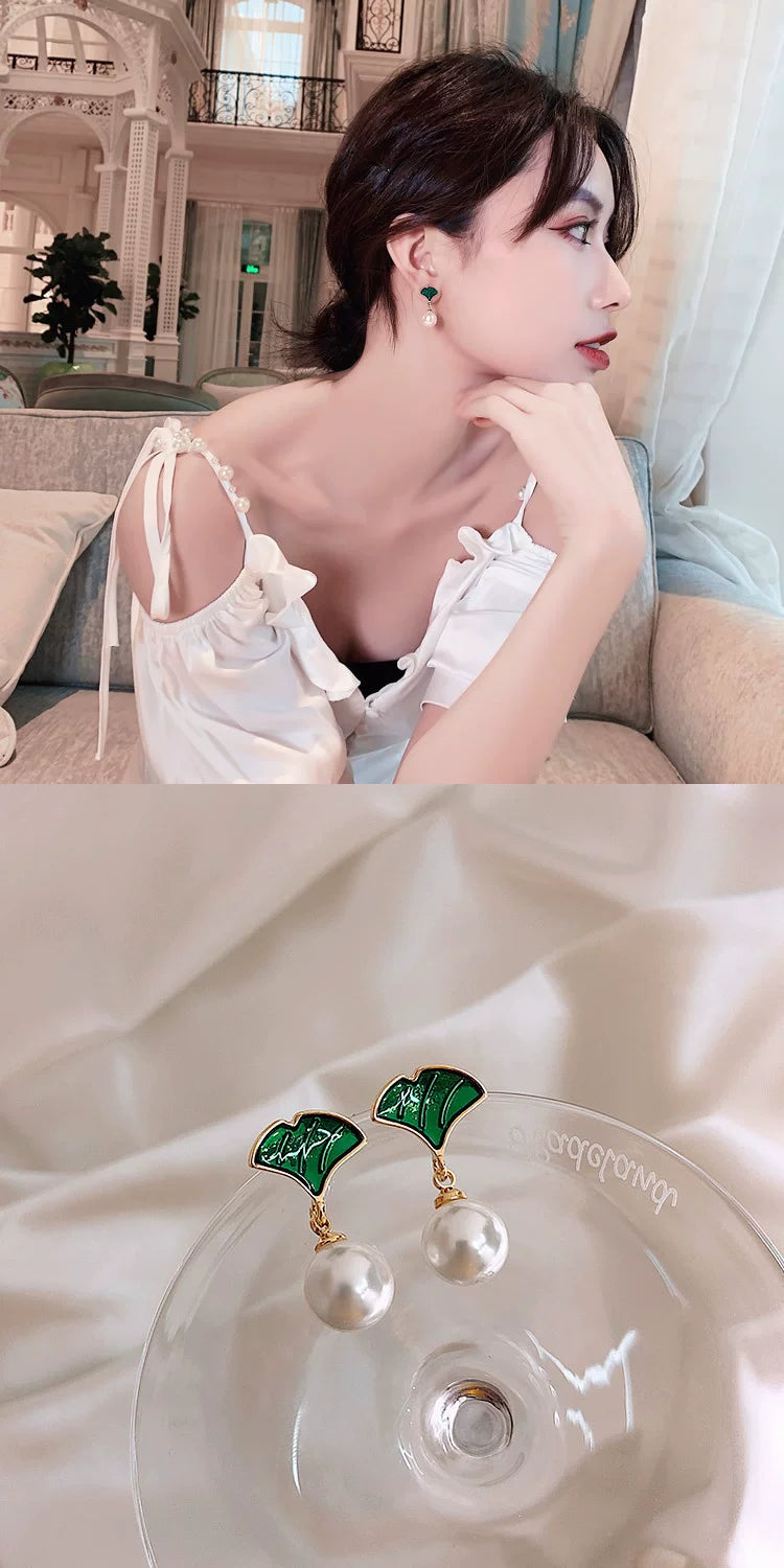 Elegant Ginkgo Leaf Imitation Pearl Stud Drop Earrings Sterling Silver Needle