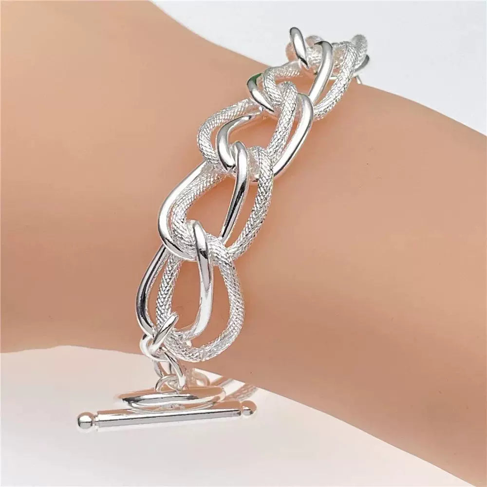 925 Sterling Silver Smooth Matte Double Twist Chain Charm Bracelet
